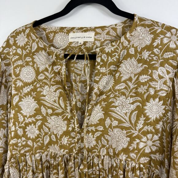 Daughters Of India Kyra Mini Dress XL Olive Floral Balloon Sleeve Boho Indie - Picture 6 of 16